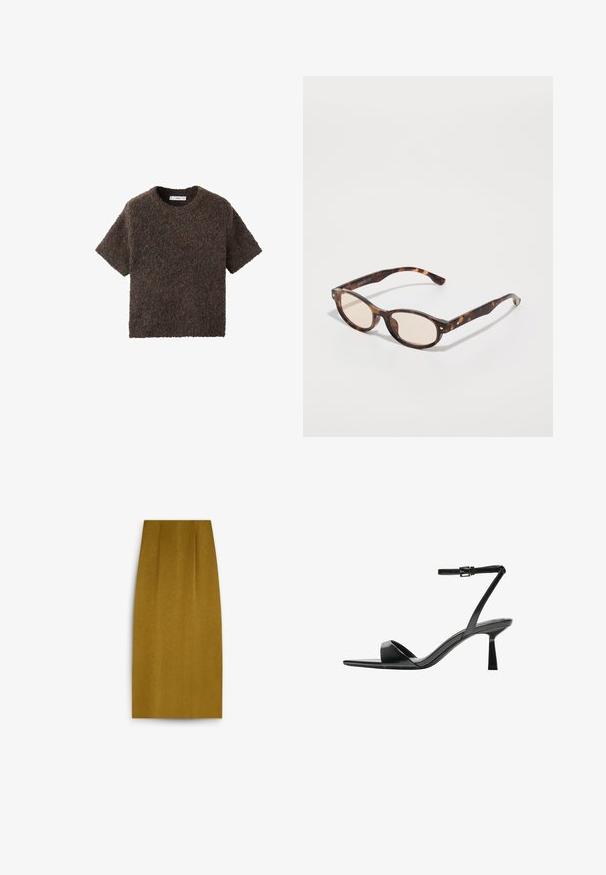 Lyhythihainen, pyöreäkauluksinen paita pörröisestä, tekstuurista materiaalista. Väri on tumma ruskea, jossa on hienovaraisia sävyeroja. Yksinkertainen, suora leikkaus.; Knee-length sinivärvi muskaari seelik sujuva tekstuuriga, sirge siluetiga ja peente esiplekkidega.; Bershka Korolliset sandaalit - black; Silmukaisvartiset aurinkolasit, joissa on pyöristetty muoto ja kevyet linssit. Varret ovat tukevat ja niissä on pieniä kultaisia yksityiskohtia, valmistettu muovimateriaalista.; COACH BROOKLYN SHOULDER BAG 23 - Käsilaukku - maple