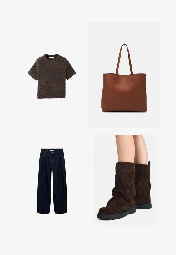 Kratke rokave, majica s krojem okroglega izreza iz puhastih, teksturiranih materialov. Barva je temno rjav s subtilnimi variacijami. Preprost, ravno krojen dizajn.; Temne traper hlače širokega kroja z naborki na pasu, z sprednjim gumbom in zankami za pas. Gladka tekstura in dolga zasnova.; Rjave gamšaste škornje do polovice teleta z črnimi gumijastimi podplati, nošene na golih nogah, s rahlim gubanjem na zgornjem delu škornjev.; Rjava usnjena torba z gladko teksturo, odprto zasnovo zgoraj in dvema naramnima trakovoma. Opremljena je z minimalnim šivanjem in brez vidnih kovinskih delov.