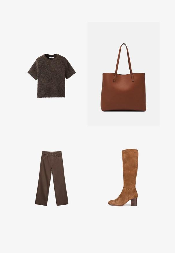 Kurzärmliges, Rundhalsoberteil aus einem flauschigen, strukturierten Material. Farbe ist dunkelbraun mit subtilen Variationen. Einfaches, gerade geschnittenes Design.; Weite braune Jeans aus Denim, mit hoher Taille, Fronttaschen und klassischem Knopfverschluss. Glatte Textur mit feinen Nähten.; Braune Wildlederstiefel bis zum Knie mit Blockabsatz. Glatte Textur, konturiertes Design und Akzentnahtdetails an den Seiten.; Braune Leder-Tote mit glatter Textur, offenem Oberteil und zwei Schulterriemen. Verfügt über minimale Nähte und keine sichtbaren Beschläge.