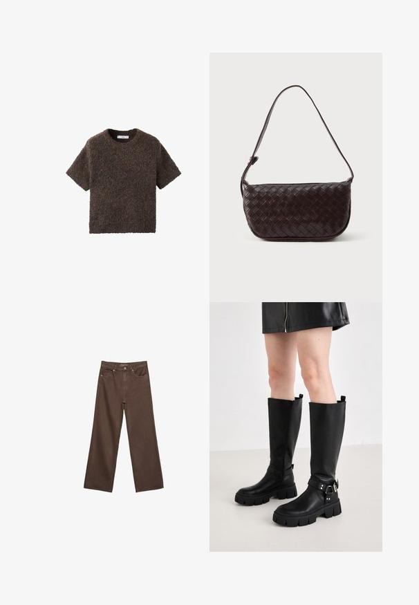 Tílko s krátkým rukávem a kulatým výstřihem z měkkého, texturovaného materiálu. Barva je tmavě hnědá s jemnými variacemi. Jednoduchý, rovný střih.; Hnědé džíny s širokými nohavicemi vyrobené z denimu, s vysokým pasem, předními kapsami a klasickým zapínáním na knoflík. Hladká textura s jemným švem.; Even&Odd Kozačky na platformě - black; Tkaná kožená taška přes rameno ve tmavě hnědé barvě s prohnutým tvarem, nastavitelným popruhem a hladkým povrchem. Kompaktní design bez viditelného kování.