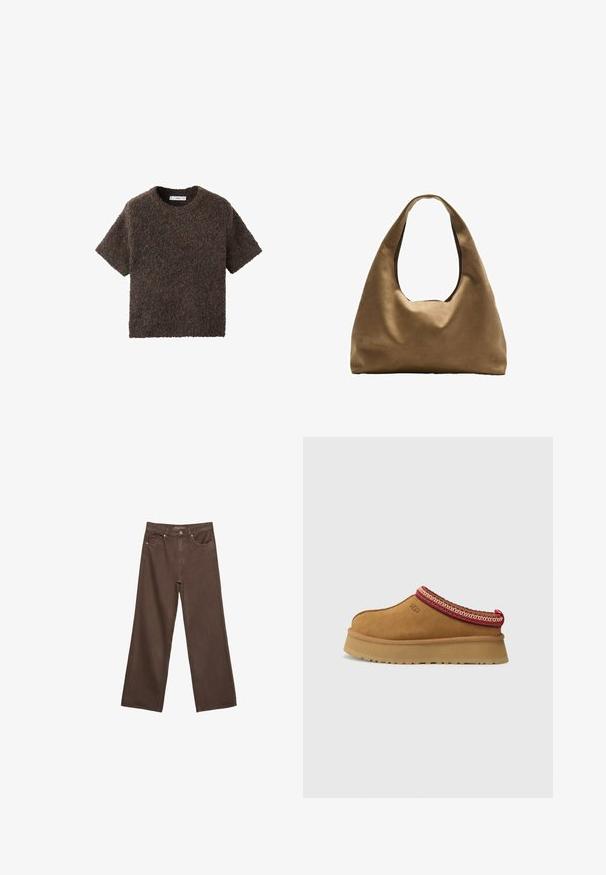 Kortärmad, rundhalsad topp i ett fluffigt, texturerat material. Färgen är mörkbrun med subtila variationer. Enkel, rak skärning.; Breda bruna jeans i denim med hög midja, framfickor och klassisk knäppning. Slät textur med subtil sömnad.; Bruna mockasin i mocka med röd och gräddfärgad mönstrad trim, texturerad sula och UGG-logotyp på sidan. Har en lätt plattformshöjd.; Brun tygaxelväska med en bred, rundad kropp och ett stort utskärningshandtag. Mjukt material, minimalistisk design och ingen synlig hårdvara.