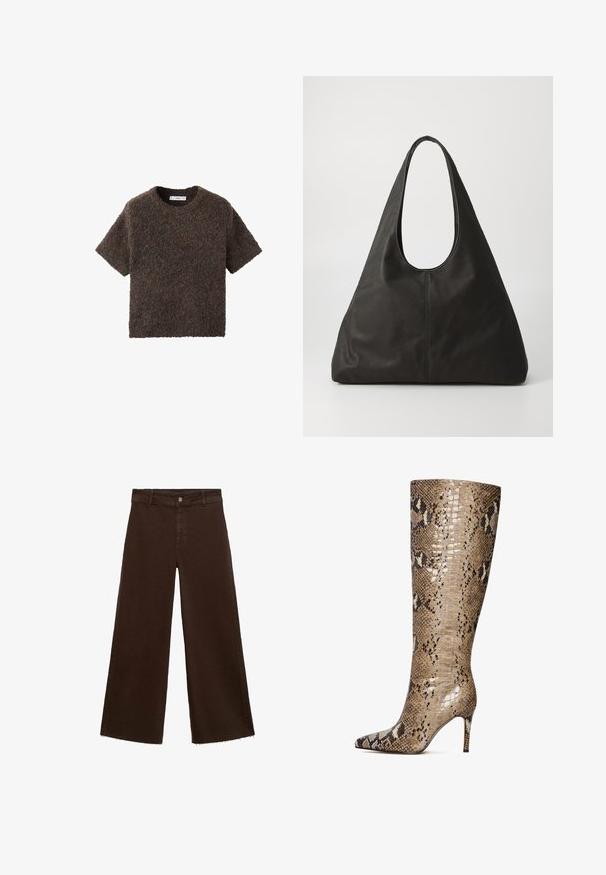 T-shirt à manches courtes, col ras du cou, en matériau moelleux et texturé. Couleur marron foncé avec des variations subtiles. Design simple et droit.; Pantalons large en coton mélangé, couleur marron, avec un ourlet effiloché, une fermeture à bouton à l'avant et un design classique à cinq poches. Minimaliste et polyvalent.; Botte stiletto jusqu'au genou en cuir verni au motif serpent dans des nuances beige, marron et crème, avec un bout pointu et un talon de 3 pouces.; Sac fourre-tout en cuir noir avec une poignée courbée, forme triangulaire allongée et texture lisse. Présente un design minimaliste sans matériel visible.