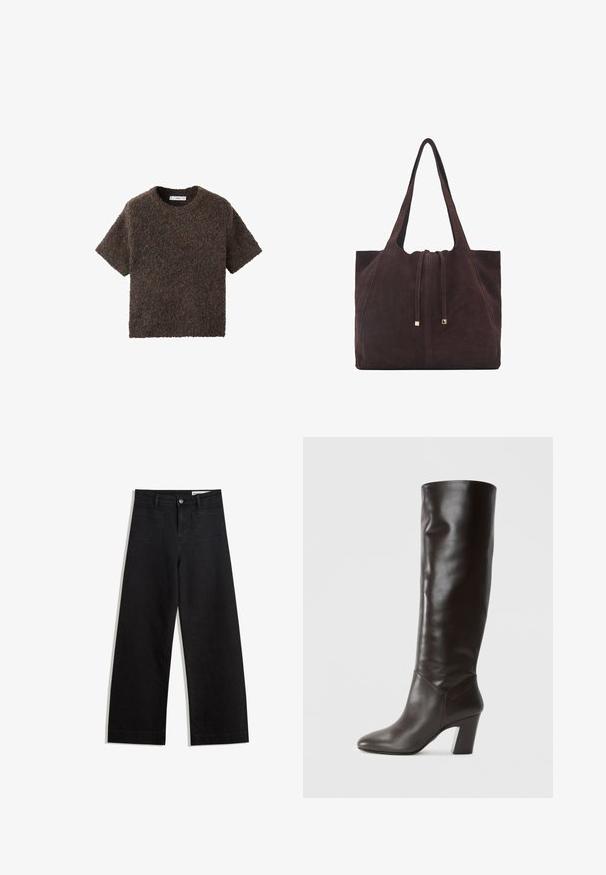 Lyhythihainen, pyöreäkauluksinen paita pörröisestä, tekstuurista materiaalista. Väri on tumma ruskea, jossa on hienovaraisia sävyeroja. Yksinkertainen, suora leikkaus.; Mustat leveät farkut korkealla vyötäröllä, joissa on etu- ja takataskut, ommellut saumat ja nappisuljenta. Silkinoinen rakenne.; Polvenkorkuiset, tummanruskeat nahkasaappaat, joissa on sileä pinta, terävä kärki ja paksu korko. Sivussa on brändätty yksityiskohta.; Mango Shopping bag - dark brown