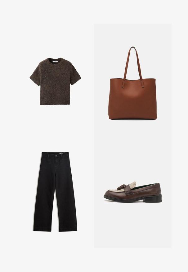 Tílko s krátkým rukávem a kulatým výstřihem z měkkého, texturovaného materiálu. Barva je tmavě hnědá s jemnými variacemi. Jednoduchý, rovný střih.; Černé denimové kalhoty s volným střihem a vysokým pasem, vybavené předními a zadními kapsami, prošívanými švy a knoflíkovým zapínáním. Hladká textura.; Hnědé kožené polobotky s kontrastní světlou vzorovanou textilní částí a dekoračním třásní. Nízký stohovaný podpatek. Zelené vnitřní podšívka.; Hnědá kožená taška přes rameno s hladkou texturou, otevřeným designem a dvěma ramenními popruhy. Obsahuje minimální švy a žádné viditelné kovové prvky.