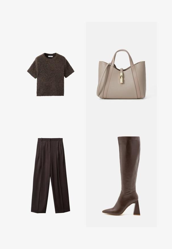 Kortærmet bluse med rund hals i et fluffy, tekstureret materiale. Farven er mørkebrun med subtile variationer. Enkel, lige skåret design.; Bredde benbukser i mørkebrun stof. Funktioner inkluderer plisseringer foran, en talje med bæltesløjfer og sidelommer. Glat tekstur.; RAID TENBY - Høje støvler/ Støvler - brown; Beige læder tote taske med dobbelte håndtag, en guldfarvet lås og struktureret design med kontrasterende glatte og teksturerede paneler.