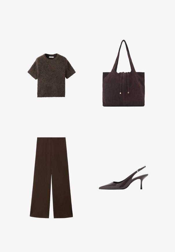 Short-sleeve, crew-neck top in a fluffy, textured material. Color is dark brown with subtle variations. Simple, straight-cut design.; Wide-leg trousers made from a smooth, dark brown fabric. Features a high waistband and a minimalist design without embellishments.; Pointed toe slingback heels in dark brown patent leather, featuring a slender high heel and an adjustable ankle strap with a buckle.; Mango Tote bag - dark brown