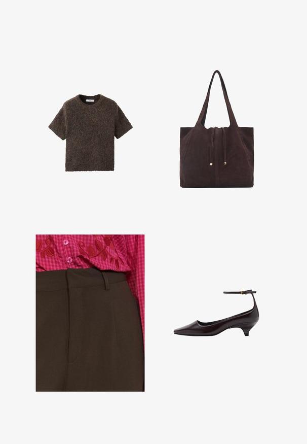 Kratke rokave, majica s krojem okroglega izreza iz puhastih, teksturiranih materialov. Barva je temno rjav s subtilnimi variacijami. Preprost, ravno krojen dizajn.; Rjave hlače z gladko teksturo, z stranskimi žepi in ozko silhueto. V kompletu s roza karirasto srajco, izvezeno z rdečimi listi.; Temno rjava usnjena čevlja s koničastim prstom in majhno peto, z ozkim gležnjenjem in majhno zlato zaponko.; Mango Torba za nakupovanje - dark brown