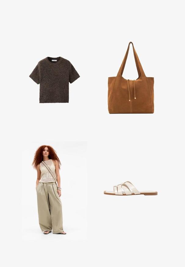 Kurzärmliges, Rundhalsoberteil aus einem flauschigen, strukturierten Material. Farbe ist dunkelbraun mit subtilen Variationen. Einfaches, gerade geschnittenes Design.; Junge Frau mit langen, lockigen roten Haaren, die ein beiges, ärmelloses Stricktop, weite khakifarbene Hosen, Flip-Flops, eine Umhängetasche und Armbänder trägt.; Flache Sandalen mit einer honigfarbenen Gummisohle, gestaltet mit drei überlappenden weißen Lederriemen und einem kleinen Schleifendetail in der Mitte.; Braune Wildleder-Tasche mit zwei langen Trägern, Zugverschluss und minimalistischem Design. Glatte Textur und keine sichtbaren Hardware-Details.