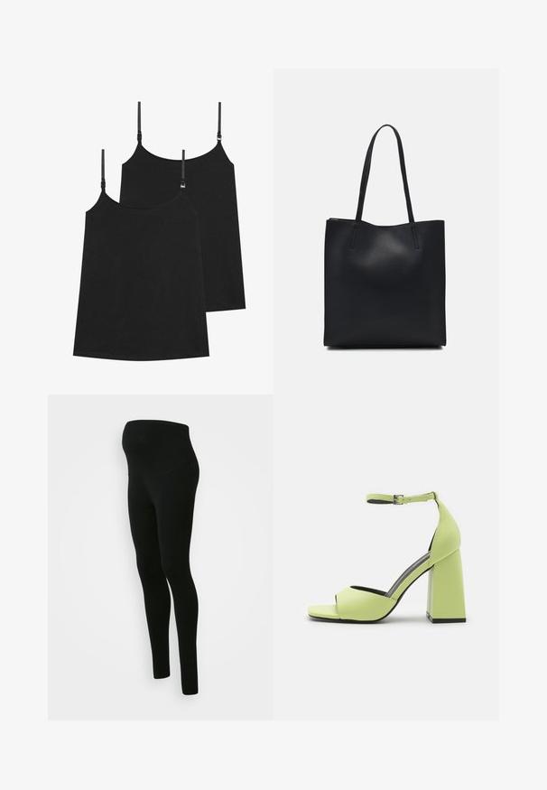 Camisolas pretas com alças ajustáveis, feitas de tecido suave, apresentando um design simples e bainha reta, vendidas em pacote de duas.; Leggings de maternidade pretos com uma cintura alta e suportiva, textura suave, design ajustado e sem padrões ou adornos visíveis.; Even&Odd Sandálias de salto alto - light green; Bolsa tote preta em couro com textura lisa, forma retangular e duas alças longas. Sem hardware ou enfeites visíveis.