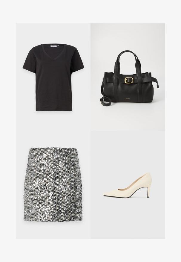 Fekete pamut póló V-nyakkal és rövid ujjakkal. Egyszerű dizájn, normál fazon, minta vagy díszítés nélkül.; Flitteres mini szoknya fémes ezüst és fekete színkombinációval, textúrált felülettel, tükröződő flitterekkel és testhez simuló fazonnal.; Fehér bőrből készült, hegyes orrú magassarkú cipő, sima textúrával és fekete talpbetéttel. Klasszikus dizájn, mérsékelt sarokmagassággal.; Fekete bőr kézitáska, amely strukturált kialakítással rendelkezik, dupla felső fogantyúval, arany tónusú csattal és a márka dombornyomott logójával az elején.