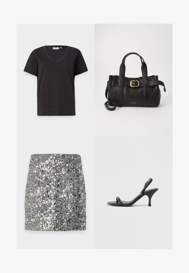 Tricou negru din bumbac cu decolteu în V și mâneci scurte. Design simplu, cu o croială normală și fără modele sau accente.; Fustă mini cu paiete, prezentând un scheme de culori metalizate argintii și negre, suprafață texturată cu paiete reflective și un design ajustat.; Sandale cu toc înalt din piele neagră, cu un toc subțire și curbat și un design cu curea încrucișată. Curea la gleznă ajustabilă. Textură netedă.; Geantă de mână din piele neagră, cu un design structurat, mânere superioare duale, accent cu cataramă aurie și logo-ul brandului embosat în față.