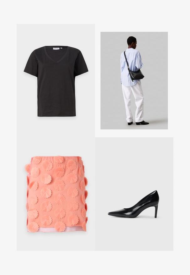 Černé bavlněné tričko s výstřihem do V a krátkým rukávem. Jednoduchý design s klasickým střihem bez vzorů nebo akcentů.; Korálová sukně s texturovaným povrchem, který má kruhové látkové aplikace. Elastický pás a hladká vnitřní podšívka.; Černé kožené boty na vysokém podpatku s špičatou špičkou, hladkým povrchem a zúženým podpatkem. Minimalistický design, bez dalších ozdob.; Černá kožená kabelka přes rameno s jemnou texturou, trojúhelníkovým tvarem a nastavitelným popruhem, v kombinaci se světle modrou pruhovanou košilí a bílými kalhotami.