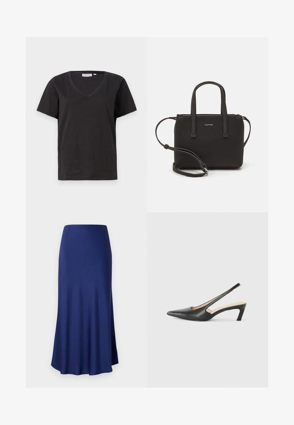 Musta puuvillainen T-paita, jossa on V-kaula-aukko ja lyhyet hihat. Yksinkertainen muotoilu, säännöllinen istuvuus ilman kuvioita tai koristeita.; Tummansininen, nilkkapituinen hame, joka on valmistettu sileästä ja joustavasta kankaasta; liehuva muotoilu ja hienostunut kiilto; ei näkyviä kuvioita tai metalliosia.; Musta, kärjeltään terävä slingback-kengä, jossa on matala korko. Kengässä on sileä nahkamateriaali ja sivuilla leikkaukset hengittävyyttä varten.; Musta käsilaukku, jossa on kaksinkertaiset lyhyet kahvat ja irrotettava olkahihna. Silkkinen nahkatunneinen materiaali, jossa on vetoketjukiinnitys ja logoyksityiskohta.