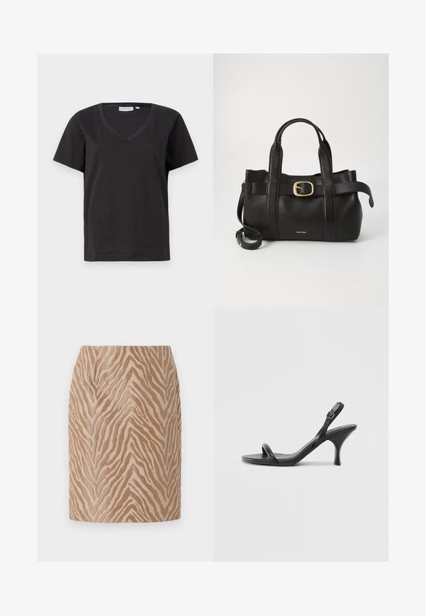 Tricou negru din bumbac cu decolteu în V și mâneci scurte. Design simplu, cu o croială normală și fără modele sau accente.; Fustă mini bej cu un pattern texturat de dungi Zebra în nuanțe mai închise. Prezintă o finisare netedă și un design ajustat, cu pliuri în față.; Sandale cu toc înalt din piele neagră, cu un toc subțire și curbat și un design cu curea încrucișată. Curea la gleznă ajustabilă. Textură netedă.; Geantă de mână din piele neagră, cu un design structurat, mânere superioare duale, accent cu cataramă aurie și logo-ul brandului embosat în față.