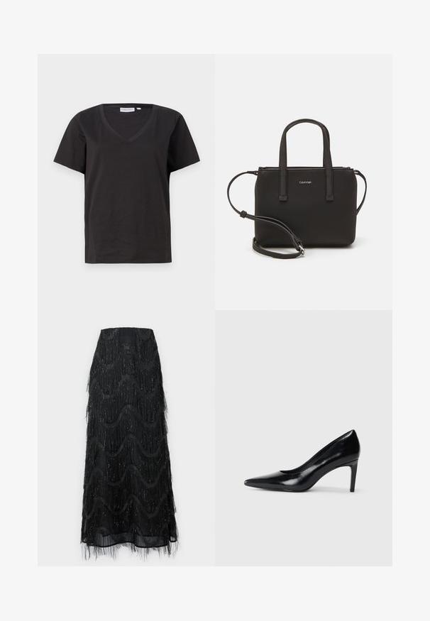 Černé bavlněné tričko s výstřihem do V a krátkým rukávem. Jednoduchý design s klasickým střihem bez vzorů nebo akcentů.; Černá midi sukně s vrstveným třásněm a vlnitými vzory. Vyrobena z průsvitného materiálu se třpytivými akcenty podél okrajů.; Černé kožené boty na vysokém podpatku s špičatou špičkou, hladkým povrchem a zúženým podpatkem. Minimalistický design, bez dalších ozdob.; Černá kabelka s dvojitými krátkými uchy a odnímatelným ramenním popruhem. Hladký koženkový materiál s uzávěrem na zip a detailem loga.