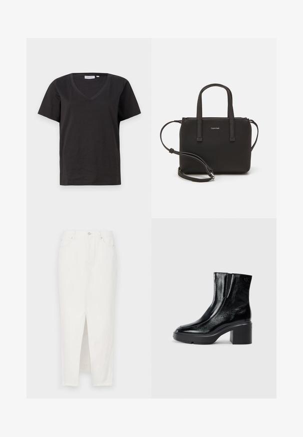 Must musta T-särk V-kaelusega ja lühikeste varrukatega. Lihtne disain, regulaarne istuvus, ilma mustrite ja aktsentideta.; Valge denim seelik, millel on ees avaus, nööp ja lukuga kinnitamine, viis taskut ja toores äär all.; Mustmustest must paeltega särkide, millel on kõver varvas, elastsed külgpaneelid ja jäme plokkpealse. Tagaküljel on reljeefne logo.; Musthave mustrans vöö ja eemaldatav õlarihm. Gludike nahk siledaga, millel on tõmblukk ja logo detail.