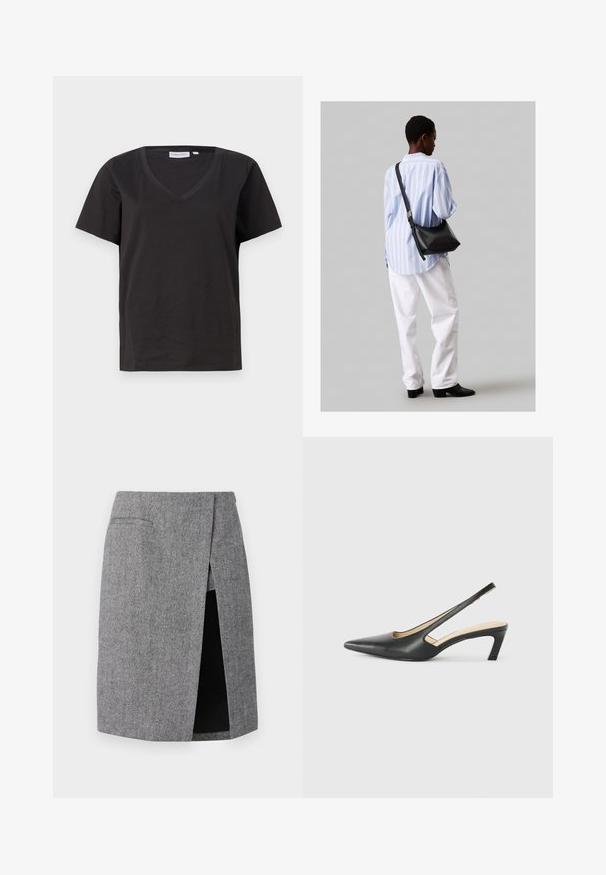 Čierne bavlnené tričko s výstrihom do V a krátkymi rukávmi. Jednoduchý dizajn s bežným strihom a bez vzorov alebo akcentov.; Sivá sukňa s kostkovaným vzorom a bočným rozparkom, strih na mieru a dve vnútorné vrecká. Vyrobená z textúrovanej látky pre štruktúrovaný vzhľad.; Čierne slingback topánky s ostrou špičkou a nízkym opätkom, vyrobené z hladkej kože a s výrezmi na boku pre lepšiu priedušnosť.; Čierna kožená ramenná taška so mäkkou textúrou, trojuholníkovým tvarom a nastaviteľným popruhom, skombinovaná s svetlomodrou pruhovanou košeľou a bielymi nohavicami.
