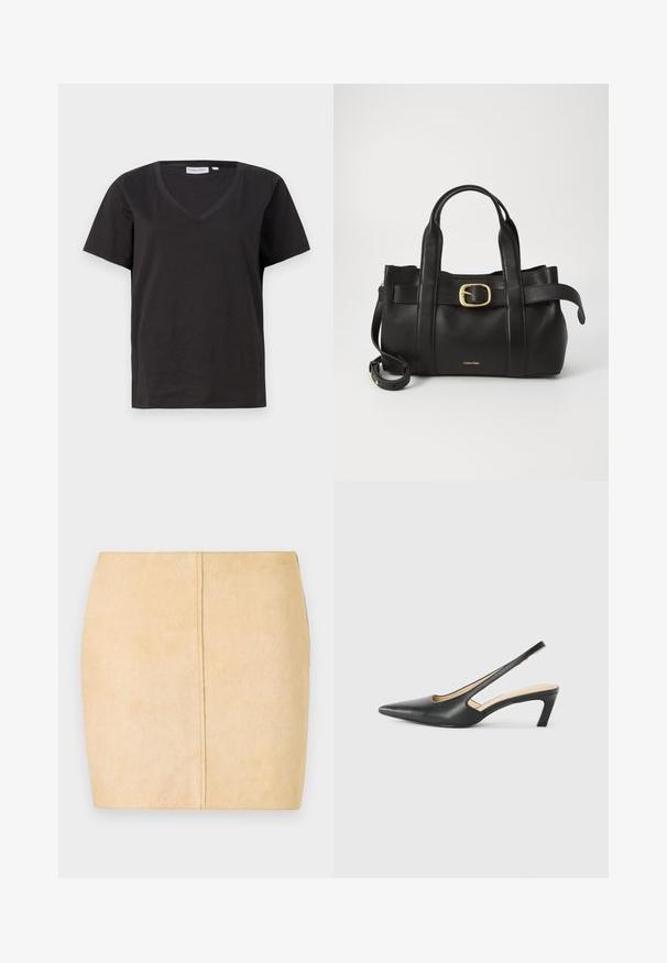 Tricou negru din bumbac cu decolteu în V și mâneci scurte. Design simplu, cu o croială normală și fără modele sau accente.; Fustă mini din suede bej, cu o textură netedă, formă ajustată și detaliu cu o cusătură centrală. Fără accesorii vizibile sau embellishments.; Pantof cu toc mic, cu vârf ascuțit și slingback, realizat din piele netedă, având un design decupat pe lateral pentru respirabilitate.; Geantă de mână din piele neagră, cu un design structurat, mânere superioare duale, accent cu cataramă aurie și logo-ul brandului embosat în față.