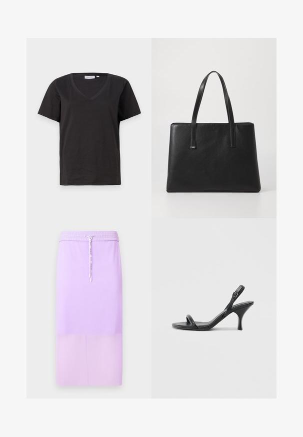 Black cotton T-shirt with a V-neck and short sleeves. Simple design with a regular fit and no patterns or accents.; Lavender ribbed midi skirt with an elastic waistband and adjustable drawstring. Smooth texture, straight silhouette, and solid color.; Black leather high-heeled sandals with a slim, curved heel and a crossed strap design. Adjustable ankle strap. Smooth texture.; Black leather tote bag with two long handles, rectangular shape, textured surface, and minimalistic design. No visible hardware or accents.