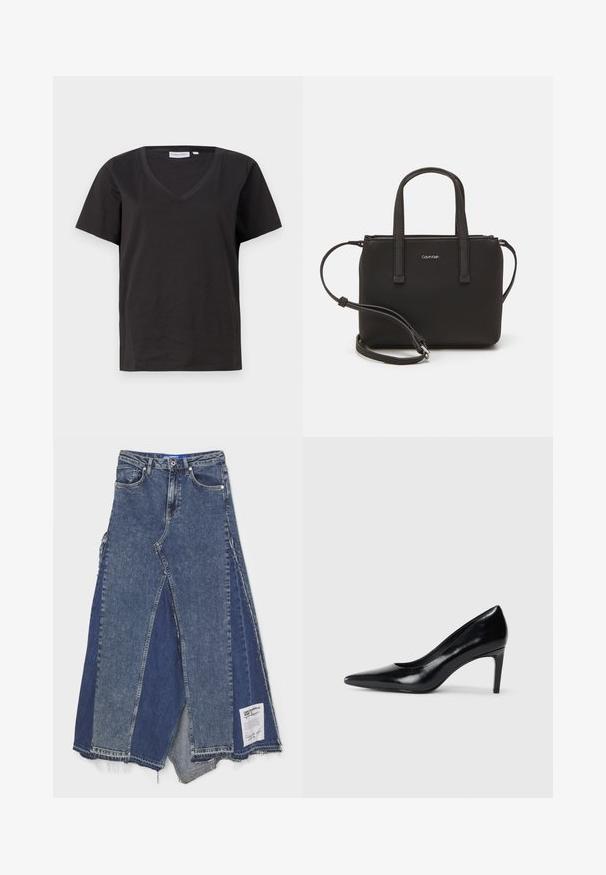 Črna bombažna majica s kratkimi rokavi in V-izrezom. Preprost dizajn z običajnim krojem in brez vzorcev ali dodatkov.; Denim krilo z večtonskim dizajnom v temno in svetlo modrih odtenkih. Poškodovani robovi in oznaka na levi strani. Na splošno ohlapen kroj.; Črna usnjena črna čevlja na visokem petu z zašiljenim prstom, gladko teksturo in zoženim peto. Minimalističen dizajn, brez dodatnih okraskov.; Črna torbica z dvema kratkima ročajema in odstranljivim naramnim trakom. Gladek usnju podoben material z zadrgo in podrobnostmi z logotipom.