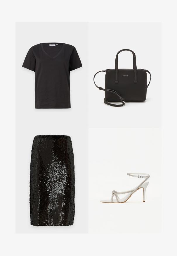 Schwarzes Baumwoll-T-Shirt mit V-Ausschnitt und kurzen Ärmeln. Einfaches Design mit normalem Schnitt und ohne Muster oder Akzente.; Schwarzer Pailletten-Bleistiftrock mit taillierter Passform. Verfügt über dichte, reflektierende Pailletten, die eine strukturierte Oberfläche schaffen. Glatte Innenfutter.; Weiße High-Heel-Sandale mit einem strukturierten Riemen, der mit Strasssteinen verziert ist, offener Zehenbereich und Knöchelriemen mit verstellbarer Schnalle.; Schwarze Handtasche mit zwei kurzen, doppelt geflochtenen Griffen und einem abnehmbaren Schulterriemen. Glattes, lederähnliches Material mit einem Reißverschluss und Logodetail.