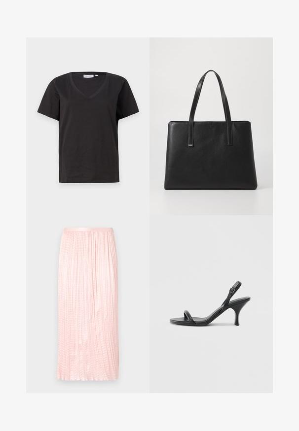 Črna bombažna majica s kratkimi rokavi in V-izrezom. Preprost dizajn z običajnim krojem in brez vzorcev ali dodatkov.; Plisirana midi krila v mehko roza barvi, ki se ponaša z gladko teksturo in elastiko v pasu. Oblikovana z navpičnimi pregibi za tekoč videz.; Črne usnjene visoke sandale s tankim, ukrivljenim petam in obliko križanih trakov. Nastavljiv trak okoli gležnja. Gladka tekstura.; Črna usnjena torba s two dolgimi ročaji, pravokotne oblike, teksturirane površine in minimalističnega dizajna. Brez vidne strojne opreme ali dodatkov.
