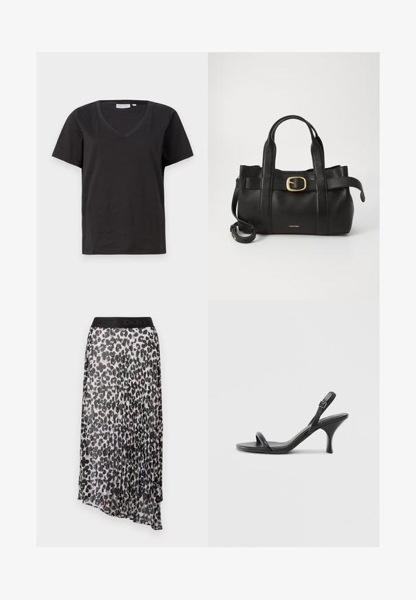 Black cotton T-shirt with a V-neck and short sleeves. Simple design with a regular fit and no patterns or accents.; Pleated midi skirt with a black and beige leopard print, featuring a black elastic waistband with the DKNY logo. Lightweight, semi-sheer fabric.; Black leather high-heeled sandals with a slim, curved heel and a crossed strap design. Adjustable ankle strap. Smooth texture.; Black leather handbag featuring a structured design, dual top handles, gold-tone buckle accent, and embossed brand logo at the front.
