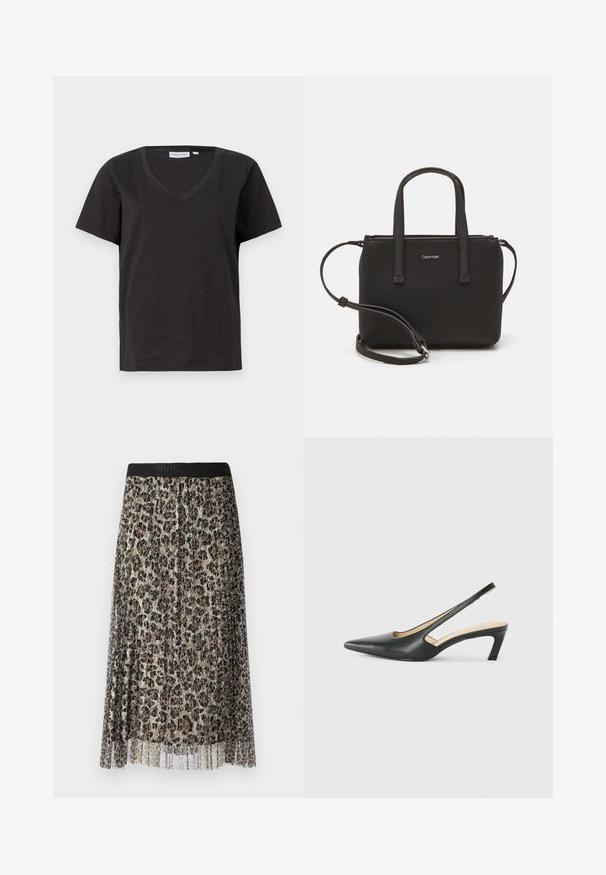 Schwarzes Baumwoll-T-Shirt mit V-Ausschnitt und kurzen Ärmeln. Einfaches Design mit normalem Schnitt und ohne Muster oder Akzente.; Faltender Midirock aus leichtem, transparentem Stoff mit einem Leopardenmuster in Braun- und Beigetönen, versehen mit einem schwarzen Bund.; Schwarzer spitz zulaufender Slingback-Schuh mit niedrigem Absatz, der aus glattem Leder gefertigt ist und seitliche Ausschnitte für Atmungsaktivität aufweist.; Schwarze Handtasche mit zwei kurzen, doppelt geflochtenen Griffen und einem abnehmbaren Schulterriemen. Glattes, lederähnliches Material mit einem Reißverschluss und Logodetail.