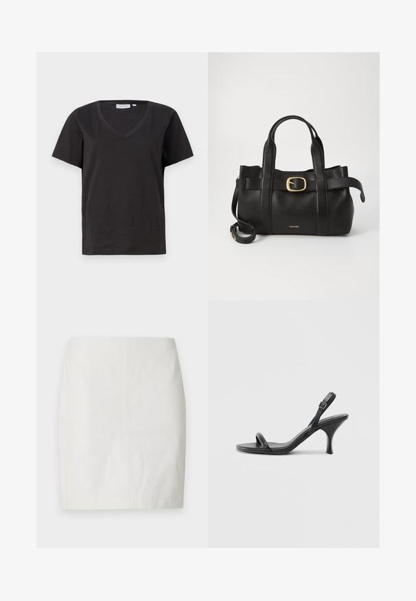 Camisa de algodón negra con cuello en V y mangas cortas. Diseño simple con un corte regular y sin patrones ni acentos.; Minifalda de cuero blanco con una silueta ajustada, textura suave y un diseño limpio que presenta costuras mínimas y sin herrajes visibles.; Sandalias de tacón alto de cuero negro con un tacón delgado y curvado y un diseño de tiras cruzadas. Correa para el tobillo ajustable. Textura suave.; Bolso de cuero negro con un diseño estructurado, doble mango superior, detalle de hebilla en tono dorado y logo de la marca grabado en la parte frontal.