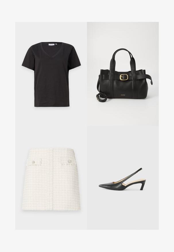 Juodas medvilninis marškinėlis su V formos iškirpte ir trumpomis rankovėmis. Paprastas dizainas, reguliaraus kirpimo, be raštų ar akcentų.; Balta tiulio mini sijonas su tekstūruotu, raštuotu modeliu. Yra dvi priekinės kišenės su dekoratyviniais mygtukais. Tiesus apatinis kraštas.; Juodas smailus slingback batelis su žemu kulnu, pagamintas iš lygaus odos paviršiaus ir su išpjovomis šone, užtikrinančiomis oro pralaidumą.; Juodas odinis rankinės maišas su struktūrizuotu dizainu, dviem viršutinėmis rankenomis, auksinės spalvos sagtimi ir iškilniu prekės ženklu priekyje.