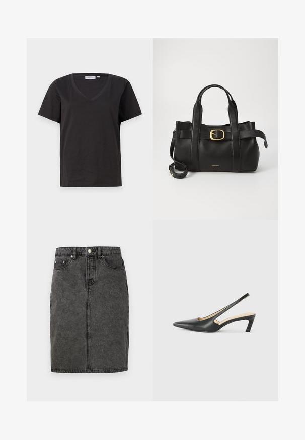 Camisa de algodón negra con cuello en V y mangas cortas. Diseño simple con un corte regular y sin patrones ni acentos.; Falda de mezclilla negra con corte recto, cierre delantero de botones, presillas para cinturón y una textura de desvanecimiento sutil, con dos bolsillos laterales.; Zapato negro de punta afilada tipo slingback con un tacón bajo, que presenta un material de cuero suave y un diseño recortado en el lateral para mayor transpirabilidad.; Bolso de cuero negro con un diseño estructurado, doble mango superior, detalle de hebilla en tono dorado y logo de la marca grabado en la parte frontal.