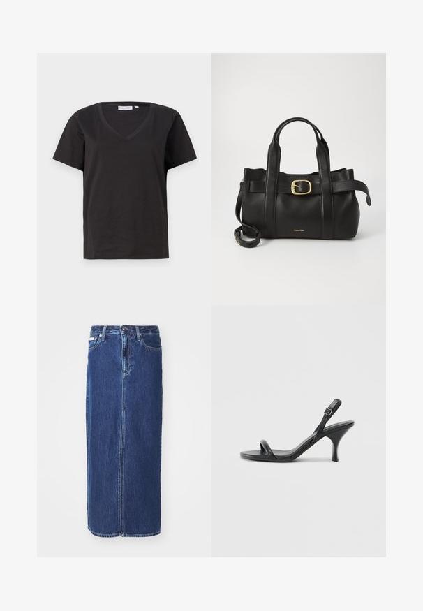Tricou negru din bumbac cu decolteu în V și mâneci scurte. Design simplu, cu o croială normală și fără modele sau accente.; Fustă din denim de culoare albastru închis, până la genunchi, cu o deschidere frontală, talie tradițională și design cu cinci buzunare, cu cusături contrastante.; Sandale cu toc înalt din piele neagră, cu un toc subțire și curbat și un design cu curea încrucișată. Curea la gleznă ajustabilă. Textură netedă.; Geantă de mână din piele neagră, cu un design structurat, mânere superioare duale, accent cu cataramă aurie și logo-ul brandului embosat în față.