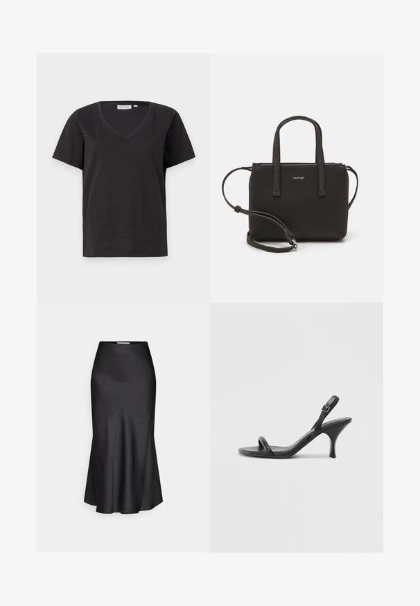 Musta puuvillainen T-paita, jossa on V-kaula-aukko ja lyhyet hihat. Yksinkertainen muotoilu, säännöllinen istuvuus ilman kuvioita tai koristeita.; DRYKORN NEVIDA - Maksihame - black; Mustat nahkaiset korkokengät, joissa on hoikka, kaareva korko ja ristiin menevä hihnadesign. Säädettävä nilkkahihna. Silkkinen pinta.; Musta käsilaukku, jossa on kaksinkertaiset lyhyet kahvat ja irrotettava olkahihna. Silkkinen nahkatunneinen materiaali, jossa on vetoketjukiinnitys ja logoyksityiskohta.