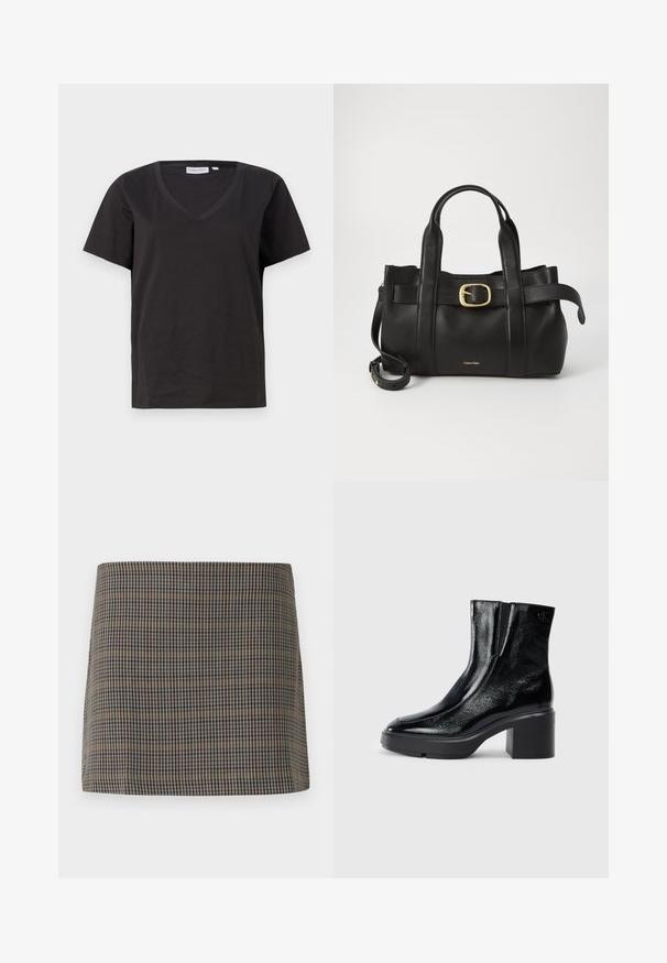 Black cotton T-shirt with a V-neck and short sleeves. Simple design with a regular fit and no patterns or accents.; Checkerboard mini skirt featuring brown, beige, and navy tones with a smooth texture and straight cut, designed without visible fastenings.; Black patent leather ankle boots with a curved toe, elastic side panels, and a chunky block heel. Features embossed logo on the back.; Black leather handbag featuring a structured design, dual top handles, gold-tone buckle accent, and embossed brand logo at the front.