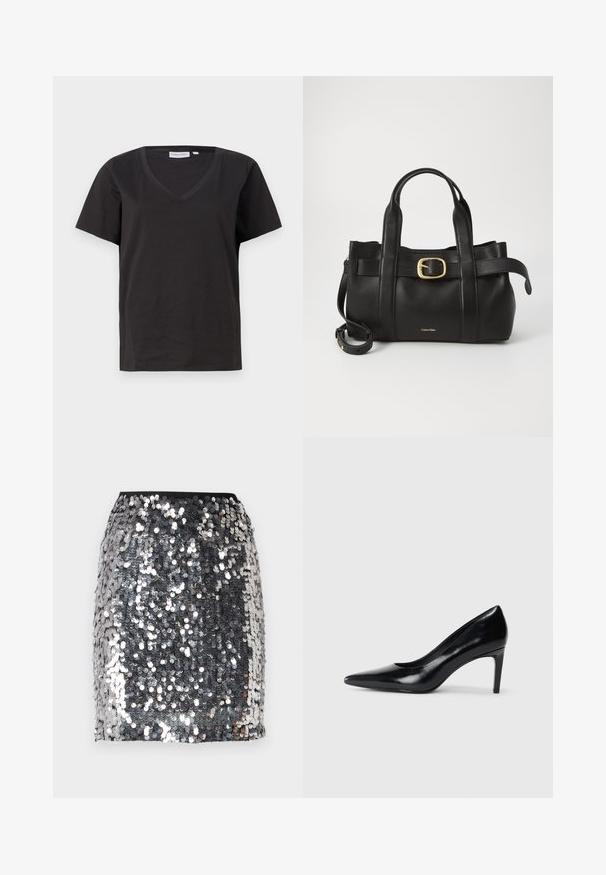 Must musta T-särk V-kaelusega ja lühikeste varrukatega. Lihtne disain, regulaarne istuvus, ilma mustrite ja aktsentideta.; Hõbedane sädelusmini-seelik, millel on sobiv must vöökoht. Omab läikivat, peegeldavat tekstuuri ja sakilisi pinnamustreid.; Mustmust musta kõrge kontsaga king, millel on terav varvas, sile tekstuur ja kitsenev konts. Minimalistlik disain, ilma täiendavate kaunistusteta.; Must mustraga nahkakott, millel on struktureeritud disain, kaks ülemist kanda, kuldse tooni pandla aktsent ja esiküljel embosseeritud brändi logo.