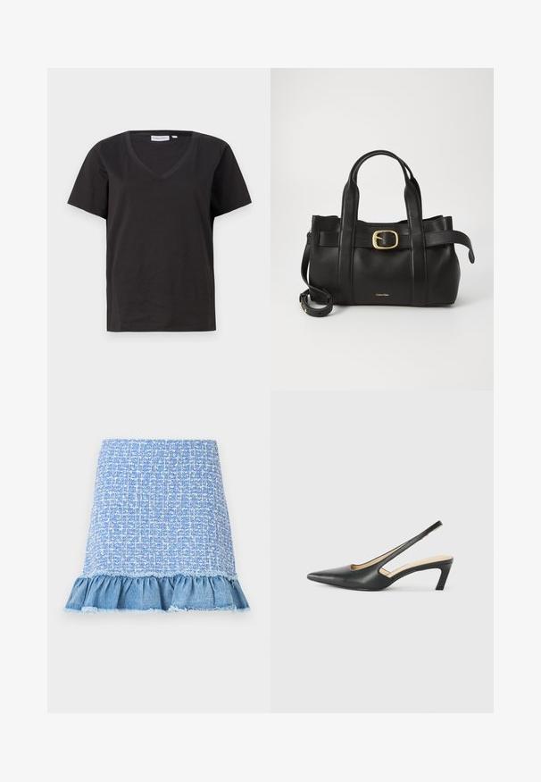 Zwarte katoenen T-shirt met een V-hals en korte mouwen. Eenvoudig ontwerp met een regular fit en zonder patronen of accenten.; Lichtblauwe tweed rok met een gefronste denim zoom, voorzien van een gestructureerd patroon en onafgewerkte randen, wat een gelaagd uiterlijk creëert.; Zwarte puntige slingback schoen met een lage hak, gemaakt van soepel leer en voorzien van een uitsnede aan de zijkant voor ventilatie.; Zwarte leren handtas met een gestructureerd ontwerp, dubbele handgrepen aan de bovenkant, een gouden gespaccent en een geperst merklogo aan de voorkant.