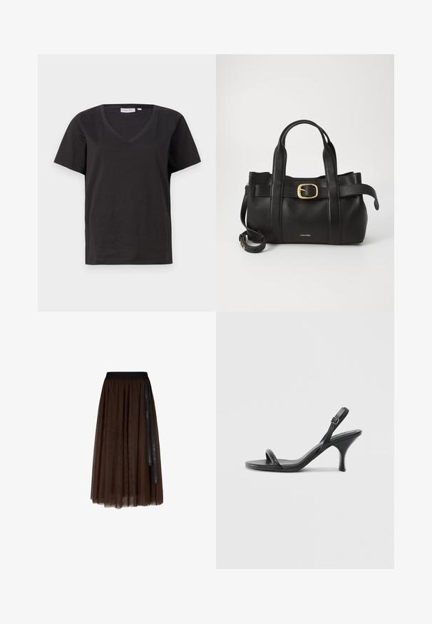 Black cotton T-shirt with a V-neck and short sleeves. Simple design with a regular fit and no patterns or accents.; Brown midi-length tulle skirt with black elastic waistband and long black ribbon detail hanging on one side.; Black leather high-heeled sandals with a slim, curved heel and a crossed strap design. Adjustable ankle strap. Smooth texture.; Black leather handbag featuring a structured design, dual top handles, gold-tone buckle accent, and embossed brand logo at the front.