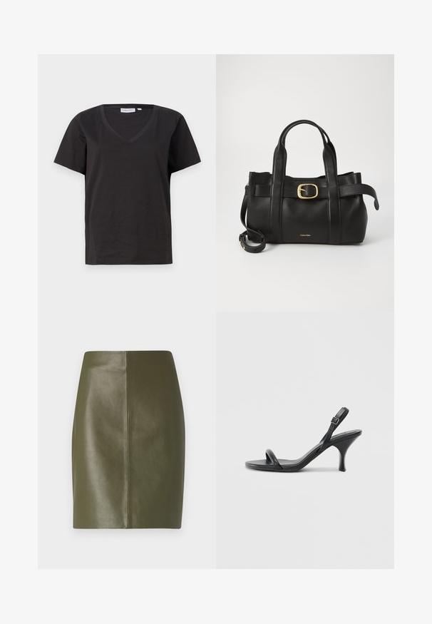 Černé bavlněné tričko s výstřihem do V a krátkým rukávem. Jednoduchý design s klasickým střihem bez vzorů nebo akcentů.; Mini sukně z olivově zelené kůže s hladkým povrchem, která má jednoduchý design a centrální šev vedoucí po zádech.; Černé kožené sandály na vysokém podpatku s úzkým, zakřiveným podpatkem a designem s překříženými popruhy. Nastavitelný pásek kolem kotníku. Hladký povrch.; Černá kožená kabelka s upraveným designem, dvojitými vrchními madly, pozlaceným přezkovým akcentem a vyraženým logem značky na přední straně.