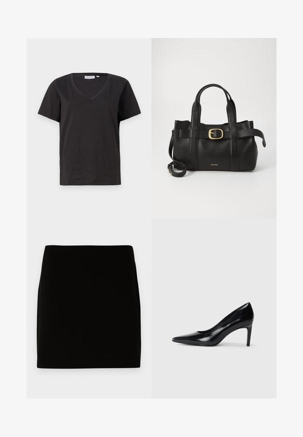 Schwarzes Baumwoll-T-Shirt mit V-Ausschnitt und kurzen Ärmeln. Einfaches Design mit normalem Schnitt und ohne Muster oder Akzente.; Schwarzer Minirock aus glattem Stoff, der ein einfaches Design ohne sichtbare Nähte oder Verzierungen aufweist. Klare Linien und gerade Passform.; Schwarzer Lederhochschuh mit spitzem Zehenbereich, glatter Textur und schmalem Absatz. Minimalistisches Design, keine zusätzlichen Verzierungen.; Schwarze Lederhandtasche mit strukturiertem Design, doppelten oberen Griffen, goldfarbenem Schnallenakzent und geprägtem Markenlogo auf der Vorderseite.