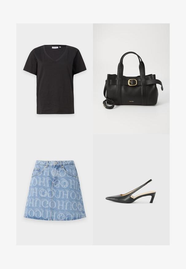 Juodas medvilninis marškinėlis su V formos iškirpte ir trumpomis rankovėmis. Paprastas dizainas, reguliaraus kirpimo, be raštų ar akcentų.; Šviesiai mėlynas džinsinis sijonas, su viso paviršiaus pakartojančia logotipo raštu, penkių kišenių dizainu ir išpūsta siluetu, turinčiu matomą juosmenį.; Juodas smailus slingback batelis su žemu kulnu, pagamintas iš lygaus odos paviršiaus ir su išpjovomis šone, užtikrinančiomis oro pralaidumą.; Juodas odinis rankinės maišas su struktūrizuotu dizainu, dviem viršutinėmis rankenomis, auksinės spalvos sagtimi ir iškilniu prekės ženklu priekyje.