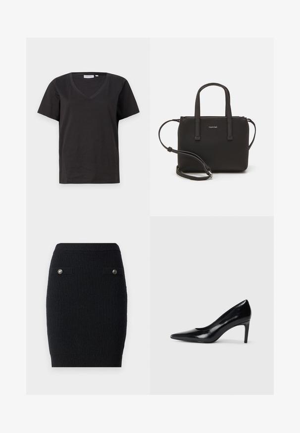 Juodas medvilninis marškinėlis su V formos iškirpte ir trumpomis rankovėmis. Paprastas dizainas, reguliaraus kirpimo, be raštų ar akcentų.; Juoda megzta sijonas su prigludusia forma, turintis dvi priekines kišenes ir metalinius mygtukus ant kišenių atvartų. Tekstūruota medžiaga.; Juodas odinis aukštakulnis batelis su smailiu pirštu, lygiu paviršiumi ir siauru kulnu. Minimalistinis dizainas, jokių papildomų puošmenų.; Juoda rankinė su dviem trumpais rankenėlėmis ir nuimamu petį. Lygaus odos tipo medžiaga su užtrauktuku ir logotipo detale.