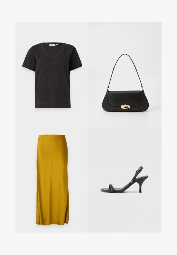 Schwarzes Baumwoll-T-Shirt mit V-Ausschnitt und kurzen Ärmeln. Einfaches Design mit normalem Schnitt und ohne Muster oder Akzente.; Senfgelb Maxi-Rock aus glattem Stoff mit gerader Silhouette. Verfügt über einen seitlichen Schlitz und einen elastischen Bund.; Schwarze Leder-Sandalen mit hohen Absätzen, schlankem, gebogenem Absatz und gekreuztem Riemendesign. Verstellbarer Knöchelriemen. Glatte Textur.; Schwarze Lederhandtasche mit geschwungenem Design, Beschlägen in Goldfarbe und einem oberen Griff. Verfügt über einen eleganten Verschluss und eine glatte Textur.