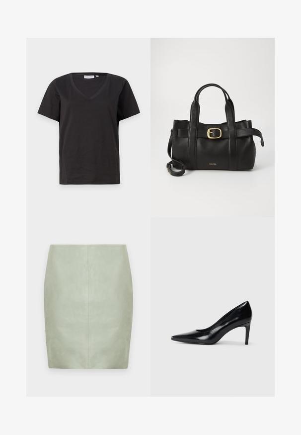 Schwarzes Baumwoll-T-Shirt mit V-Ausschnitt und kurzen Ärmeln. Einfaches Design mit normalem Schnitt und ohne Muster oder Akzente.; Minigrüner Lederminirock mit schmaler Passform, klarem Design und einer zentralen Naht auf der Rückseite. Glatte Textur, keine sichtbaren Metallteile.; Schwarzer Lederhochschuh mit spitzem Zehenbereich, glatter Textur und schmalem Absatz. Minimalistisches Design, keine zusätzlichen Verzierungen.; Schwarze Lederhandtasche mit strukturiertem Design, doppelten oberen Griffen, goldfarbenem Schnallenakzent und geprägtem Markenlogo auf der Vorderseite.