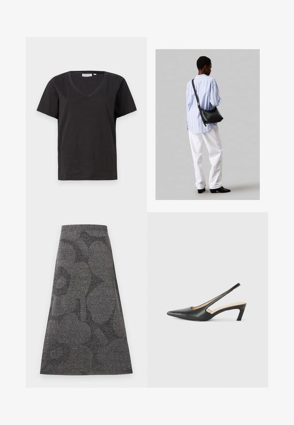 Svart bomull T-skjorte med V-hals og korte ermer. Enkel design med vanlig passform og uten mønstre eller detaljer.; Grå, knelange skjørt med teksturert, glitrende finish. Har et subtilt mørkt mønster. A-linje design med en tettsittende midje.; Svart spiss tå slingback-sko med lav hæl, laget av jevnt skinnmateriale og med utskåret design på siden for pusteevne.; Svart lær skulderveske med en myk tekstur, trekantet form og justerbar stropp, kombinert med en lyseblå stripete skjorte og hvite bukser.
