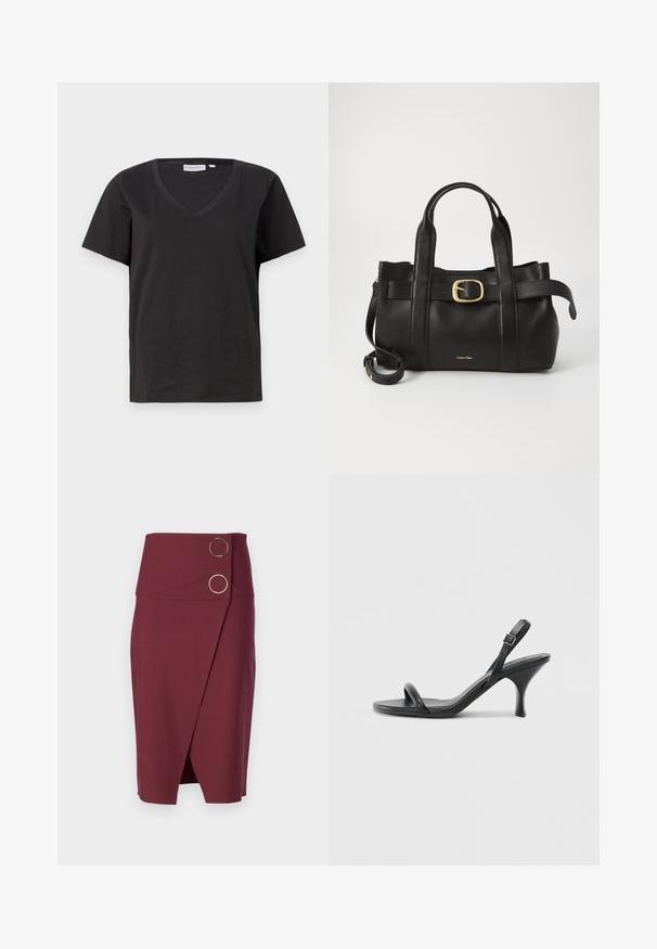 Black cotton T-shirt with a V-neck and short sleeves. Simple design with a regular fit and no patterns or accents.; Burgundy pencil skirt with a high waist, featuring a wrapped design and two circular metallic buttons at the front. Smooth texture.; Black leather high-heeled sandals with a slim, curved heel and a crossed strap design. Adjustable ankle strap. Smooth texture.; Black leather handbag featuring a structured design, dual top handles, gold-tone buckle accent, and embossed brand logo at the front.