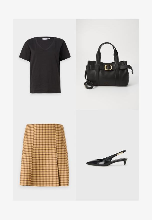 Zwarte katoenen T-shirt met een V-hals en korte mouwen. Eenvoudig ontwerp met een regular fit en zonder patronen of accenten.; Geel en paarse geblokte rok met een rechte snit, voorzien van een subtiele plooi aan de voorkant en een gladde textuur.; Zwarte leren slingback hakken met een spitse neus, voorzien van een slanke hak en een goudkleurige accent op de verstelbare band. Gladde textuur.; Zwarte leren handtas met een gestructureerd ontwerp, dubbele handgrepen aan de bovenkant, een gouden gespaccent en een geperst merklogo aan de voorkant.
