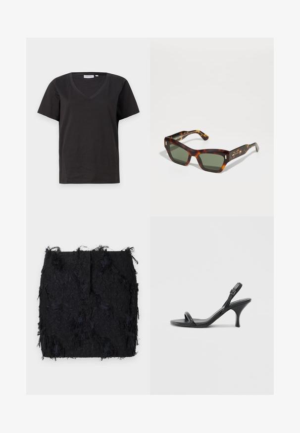 Black cotton T-shirt with a V-neck and short sleeves. Simple design with a regular fit and no patterns or accents.; Black textured skirt featuring a layered fringe design with a slightly irregular hemline, made from a lightweight fabric.; Black leather high-heeled sandals with a slim, curved heel and a crossed strap design. Adjustable ankle strap. Smooth texture.; Tortoiseshell sunglasses with rectangular green lenses. Thick frame features gold accents on temples. Smooth texture and angular design.