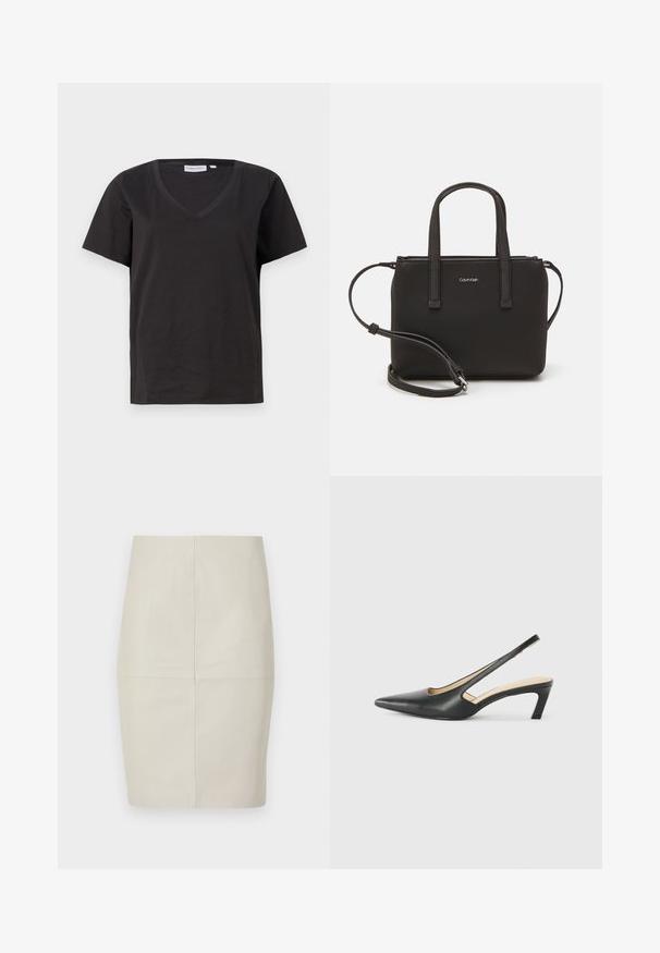 Zwarte katoenen T-shirt met een V-hals en korte mouwen. Eenvoudig ontwerp met een regular fit en zonder patronen of accenten.; Lichtbeige leren kokerrok met verticale naden, gestructureerde vorm en een gladde textuur, met een middelhoge taille en zonder zichtbare hardware.; Zwarte puntige slingback schoen met een lage hak, gemaakt van soepel leer en voorzien van een uitsnede aan de zijkant voor ventilatie.; Zwarte handtas met dubbele korte handvatten en een afneembare schouderriem. Glad, leerachtig materiaal met een ritssluiting en logo-detail.