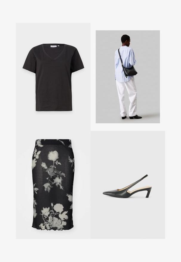 Tricou negru din bumbac cu decolteu în V și mâneci scurte. Design simplu, cu o croială normală și fără modele sau accente.; Fustă neagră cu nervuri, având un print floral alb, cu un design ajustat și tiv ondulat. Materialul pare elastic și ușor.; Pantof cu toc mic, cu vârf ascuțit și slingback, realizat din piele netedă, având un design decupat pe lateral pentru respirabilitate.; Geantă de umăr din piele neagră cu o textură moale, formă triunghiulară și curea ajustabilă, asortată cu o bluză cu dungi albastre deschise și pantaloni albi.