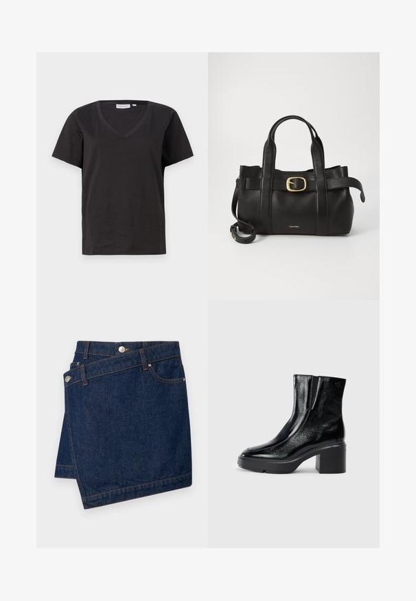 Svart bomull T-shirt med V-urringning och korta ärmar. Enkelt design med en vanlig passform och inga mönster eller accenter.; Mörk denimbomulls kjol med hög midja, med knappstängning framtill, sned sömmar och kontrasterande sömnad längs fållen.; Svarta lacklädersankelstövlar med rundad tå, elastiska sidopaneler och en chunky klack. Har en präglad logotyp på baksidan.; Svart läderhandväska med en strukturerad design, dubbla topphandtag, detaljer i guldton med spänne och präglad logotyp framtill.